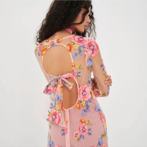 For Love & Lemons Percy Mini Dress Sheer Coquette Womens Small Pink Floral Fairy - Picture 2 of 15